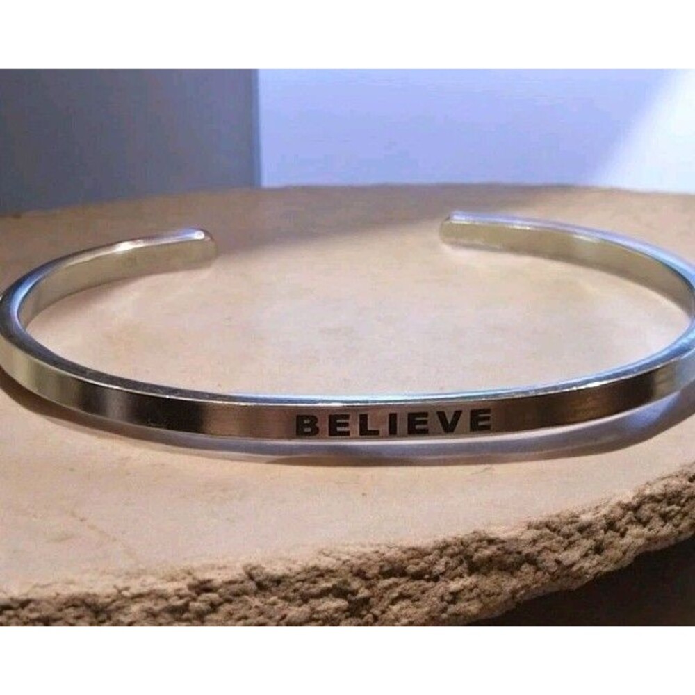 Dolceoro Bracelet Cuff BELIEVE Bangle Silver Tone Thin Dainty Signed